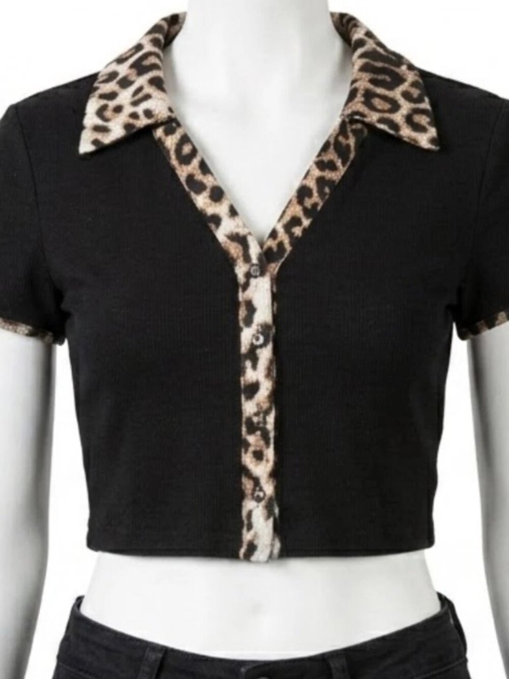 SHEIN Women's Large Crop Top Black Ribbed Leopard Print